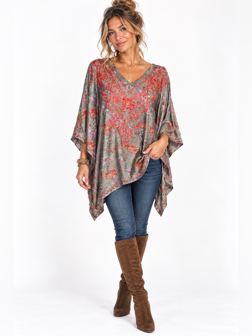 Sevya Silk Handmade Floral Embroidered Tunic Top, fair trade-India, one size